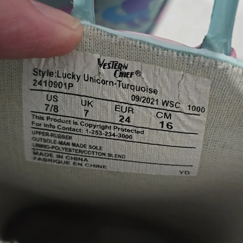 Girl’s Western‎ Chief Lucky Unicorn turquoise Rain Boots Size 7/8